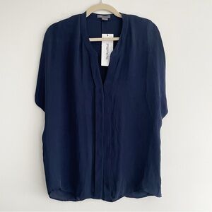 Vince silk popover blouse top button front cap sleeve v neck navy blue small
